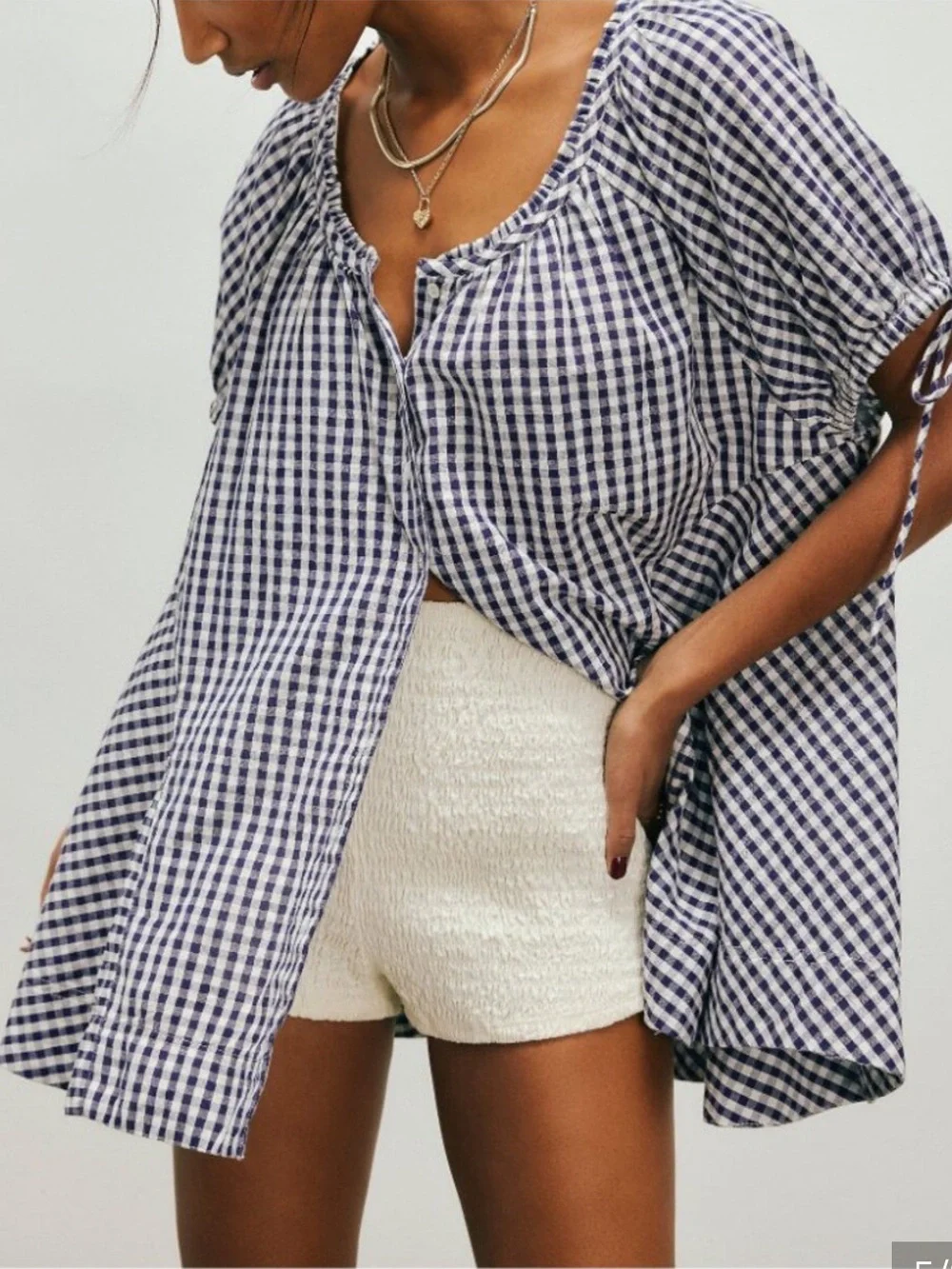 Free People Size XL Navy & White Gingham Tie-Sleeve Peasant Blouse NWT